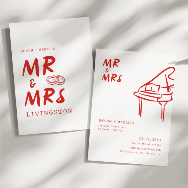 Funky Roligt Retro Red Mr & Mrs Illustrated Bröllo Inbjudningar (Skapare uppladdad)