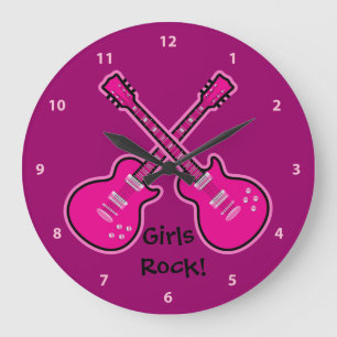 Funky Rosa & Black Guitars Girls Sten Clock Stor Klocka
