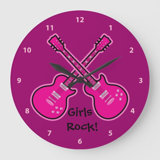Funky Rosa & Black Guitars Girls Sten Clock Stor Klocka (Framsida)