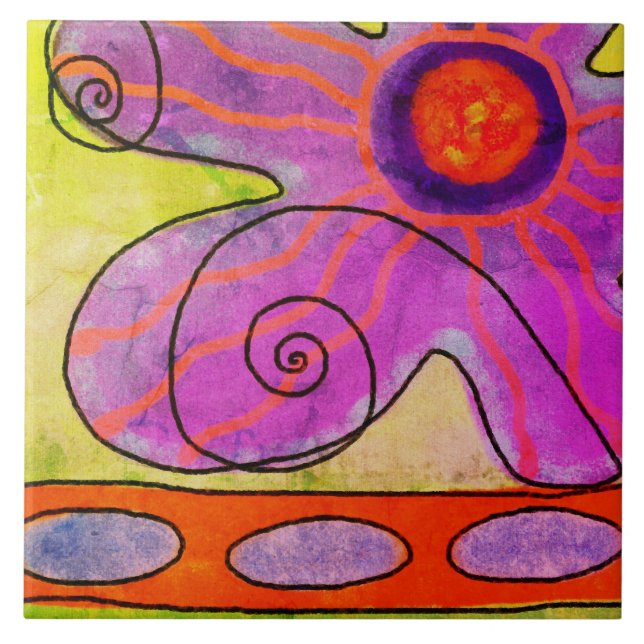 Funky rosa blomma abstrakt målning kakelplatta (Framsidan)