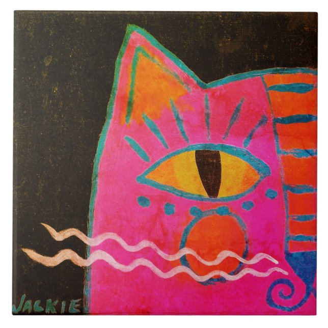 Funky Rosa Cat-målning Kakelplatta (Framsidan)