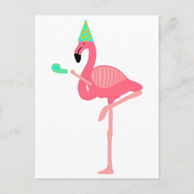 Funky Rosa Flamingo Wearing Party Hat Inbjudan Vykort (Framsida)