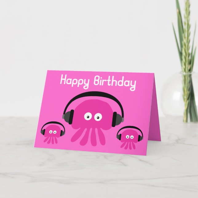 Funky Rosa Jellyfish DJ Birthday Greeting Card Kort (Framsida)