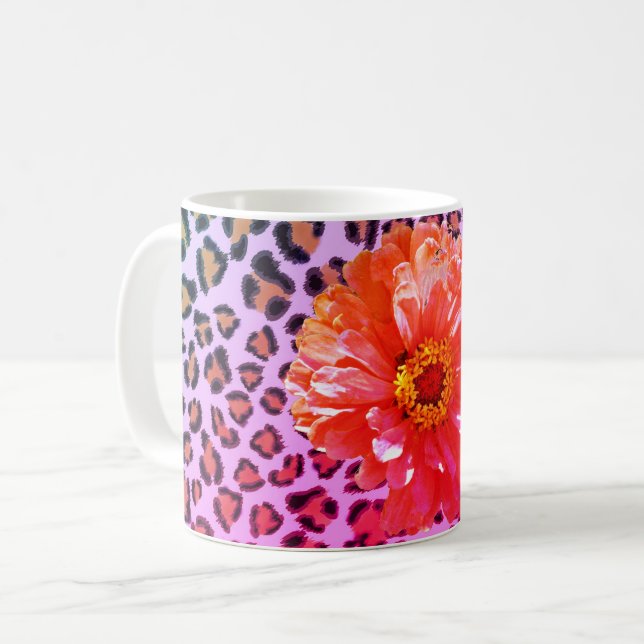 Funky rosa och orange blommigt med leopard mönster kaffemugg (Framsida vänster)