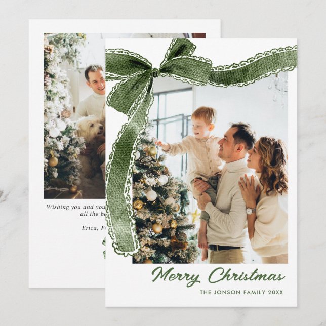 Funky Sage Green Christmas Bow Ribbon 2 Photo Julkort (Fram/baksida)