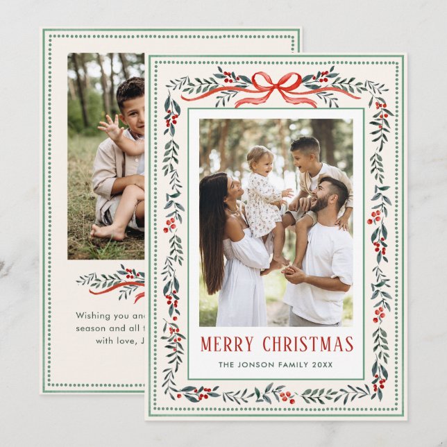 Funky Sage Green Christmas Bow Ribbon 2 Photo Julkort (Fram/baksida)