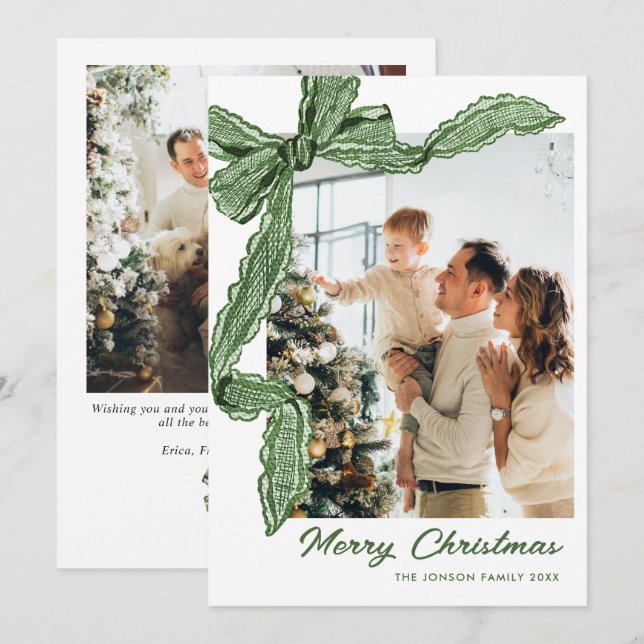 Funky Sage Green Christmas Bow Ribbon 2 Photo Julkort (Fram/baksida)