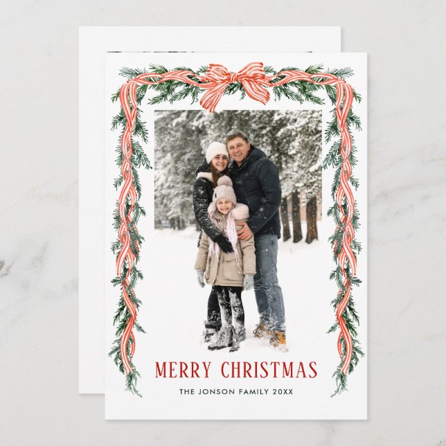 Funky Sage Green Christmas Bow Ribbon 2 Photo Julkort (Fram/baksida)