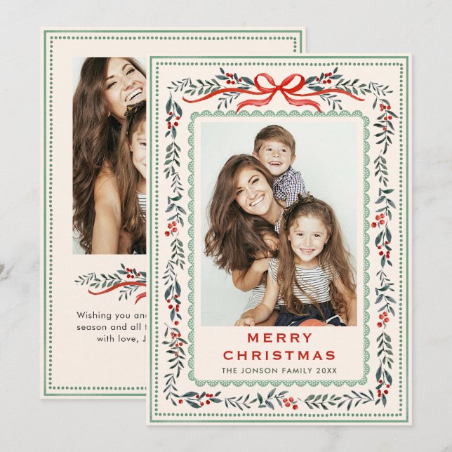 Funky Sage Green Christmas Bow Ribbon 2 Photo Julkort (Fram/baksida)