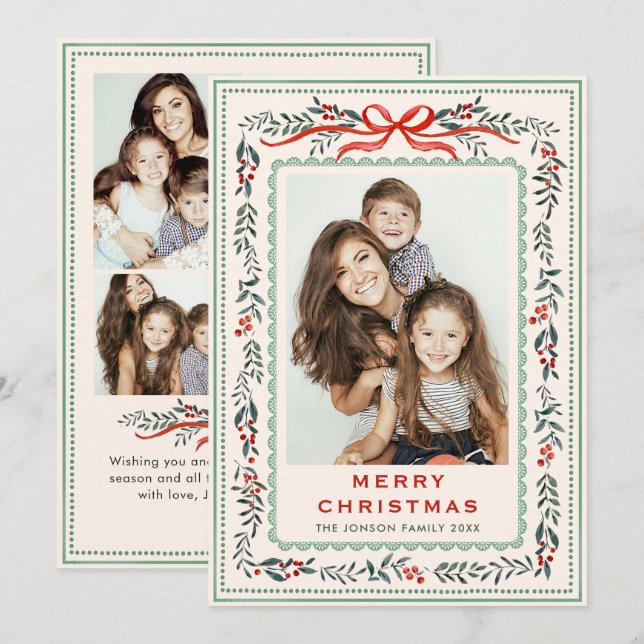 Funky Sage Green Christmas Bow Ribbon 5 Photo Julkort (Fram/baksida)