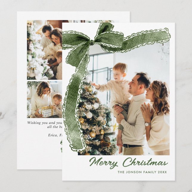 Funky Sage Green Christmas Bow Ribbon 5 Photo Julkort (Fram/baksida)