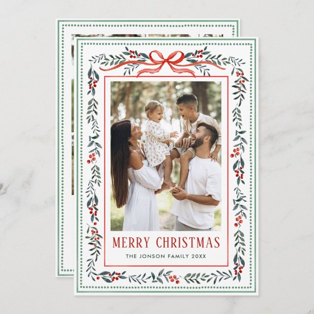Funky Sage Green Christmas Bow Ribbon 5 Photo Julkort (Fram/baksida)