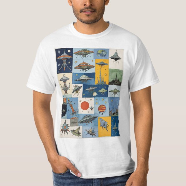 Funky Sci-Fi Retro Alien Spaceships T Shirt (Framsida)