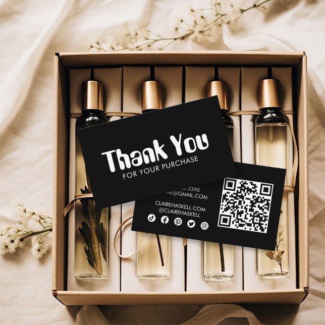 Funky Script Chic B&W Order Tack Minimal QR Visitkort (Black and white text thank you business cards QR code social media icons.)