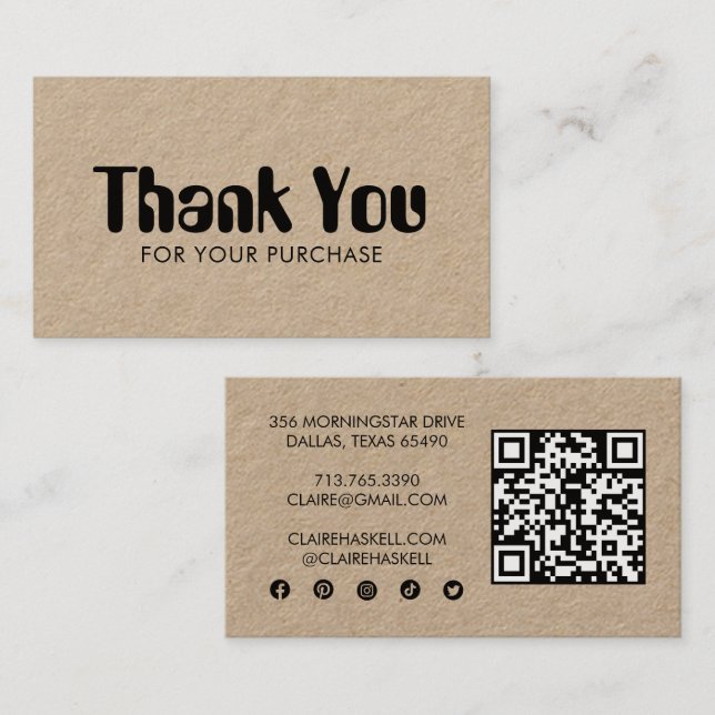 Funky Script Chic Kraft Order Tack Minimal QR Visitkort (Fram/baksida)