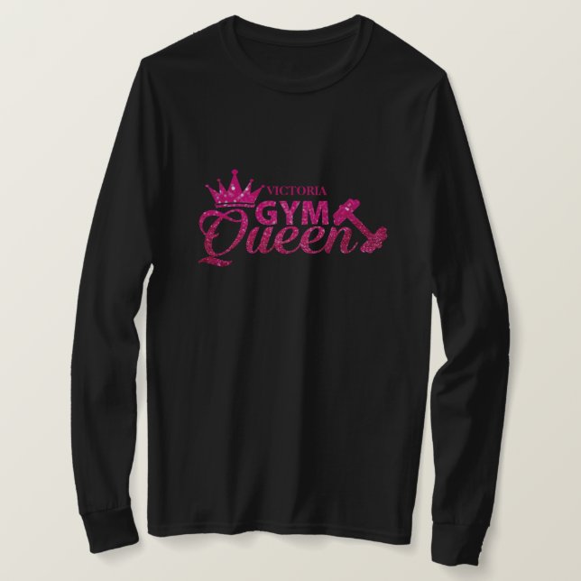Funky shock rosa personlig faux glitter Gym Queen T Shirt (Design framsida)