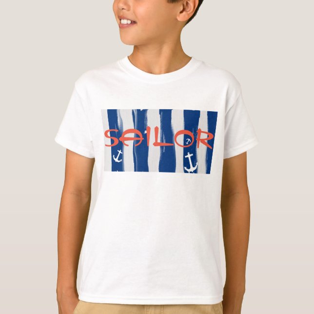 Funky Sjöman Blå Vita Ränder Ankare T-Shirt (Framsida)