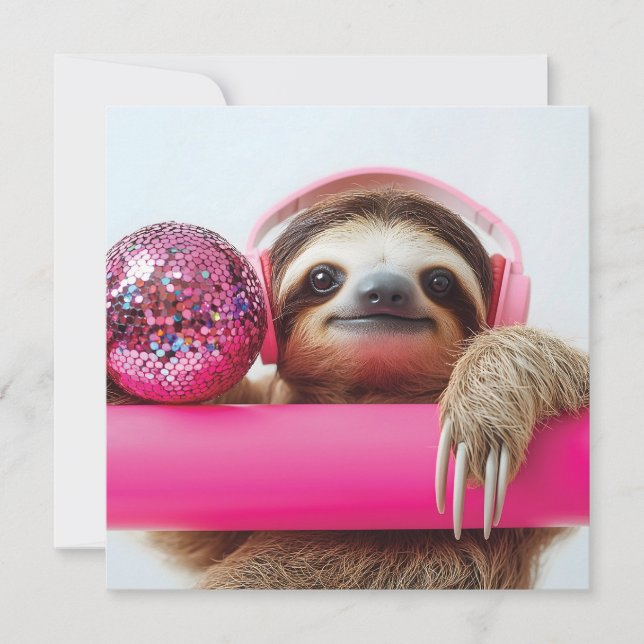 Funky Sloth med Rosa-hörlurar och Disco Boll Julkort (Framsida)