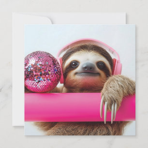 Funky Sloth med Rosa-hörlurar och Disco Boll Julkort