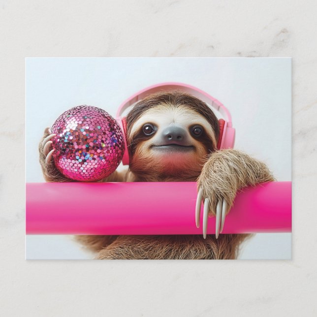 Funky Sloth med Rosa-hörlurar och Disco Boll Vykort (Framsida)