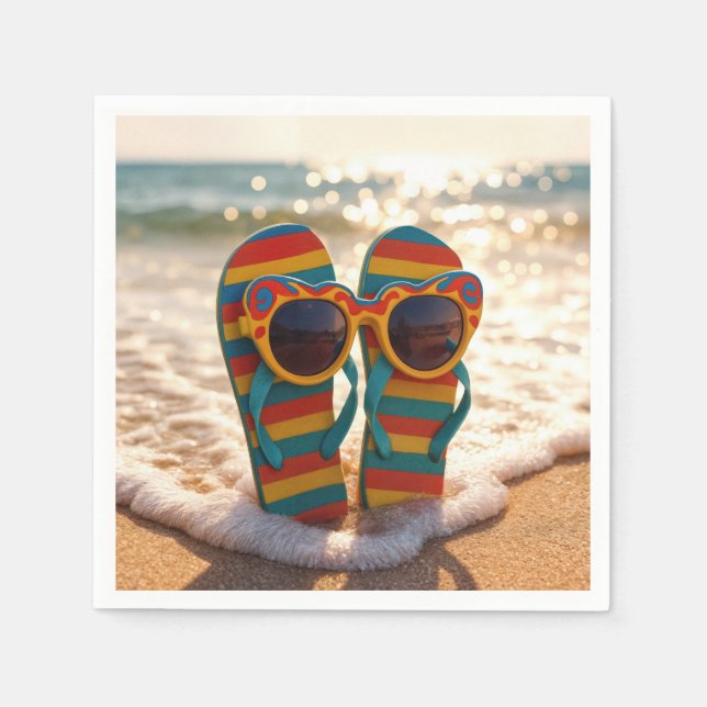 Funky solglasögon på flip-flops i havets vågor  pappersservett (Framsidan)