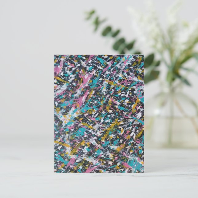 Funky Splatter Art on Black Vykort (Stående Fram)