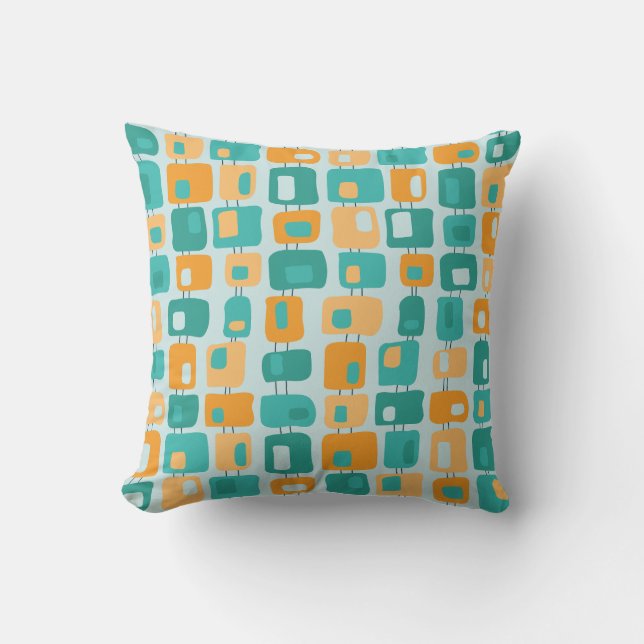 Funky Squares Retro Mönster Aqua, Teal, Orange Kudde (Framsida)
