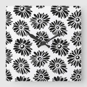 Funky Svart och vit blommigt Fyrkantig Klocka