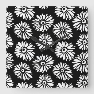 Funky Svartblommor och vitblommor Fyrkantig Klocka
