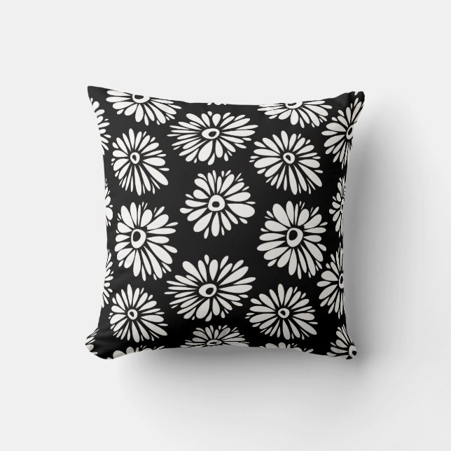 Funky Svartblommor och vitblommor Kudde (Framsida)
