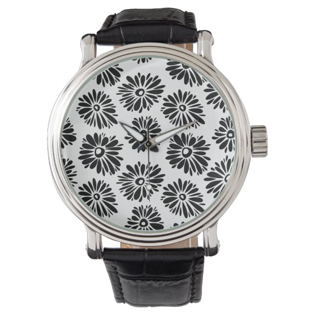 Funky Svartvit blommigt Armbandsur (Framsida)