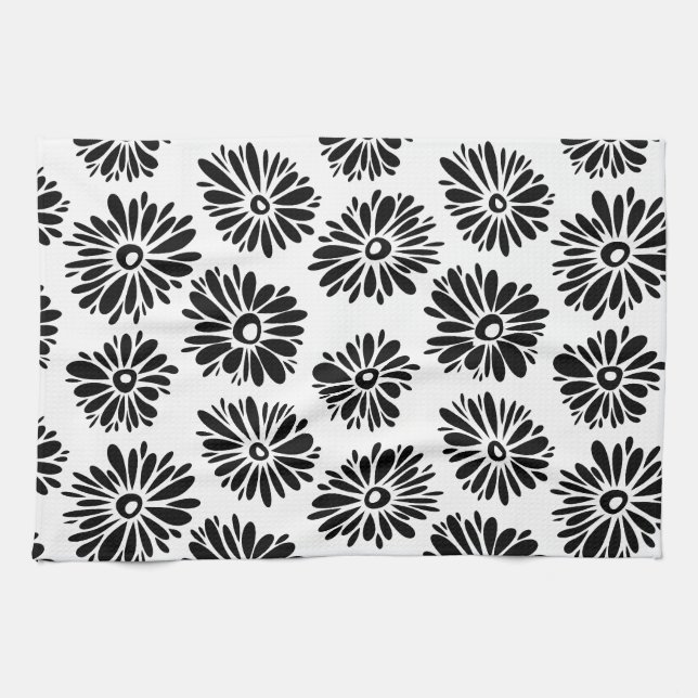 Funky Svartvit blommigt Kökshandduk (Horisontell)