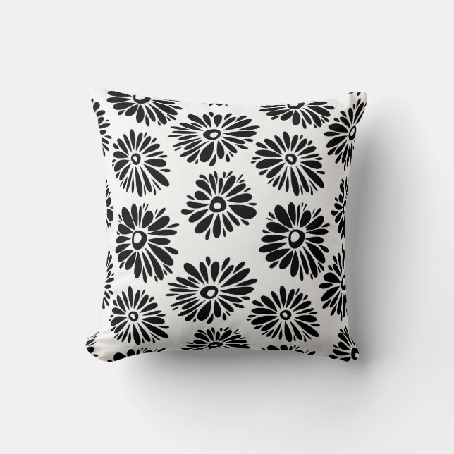 Funky Svartvit blommigt Kudde (Framsida)