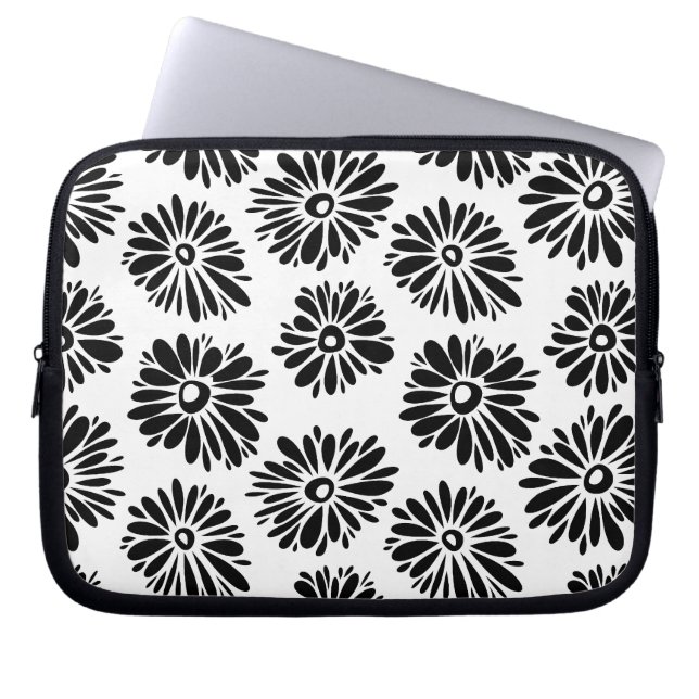 Funky Svartvit blommigt Laptop Sleeve (Framsidan)