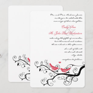 Funky Swirly Rosa Love Bird Träd Bröllopsinbjudan Inbjudningar
