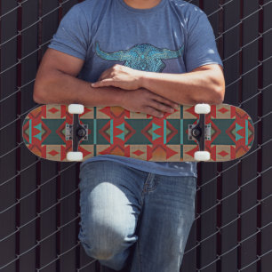 Funky Teal Blue Red Orange Brown Tribal Art Mini Skateboard Bräda 18,5 Cm