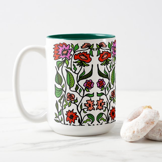 Funky Trädgårdsblommor Illustrerade  Två-Tonad Mugg (Med munk)