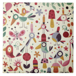 Funky Trendig Retro Birds Kakelplatta