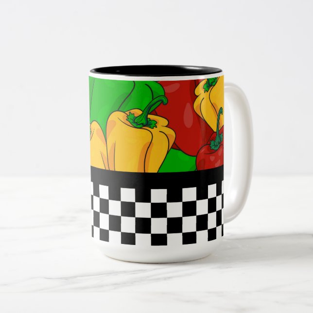 Funky Tri Färgad Peppers och Checkerboard Två-Tonad Mugg (Framsida höger)