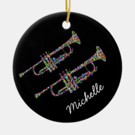 Funky trumpet personligt namn svart och rosa julgransprydnad keramik