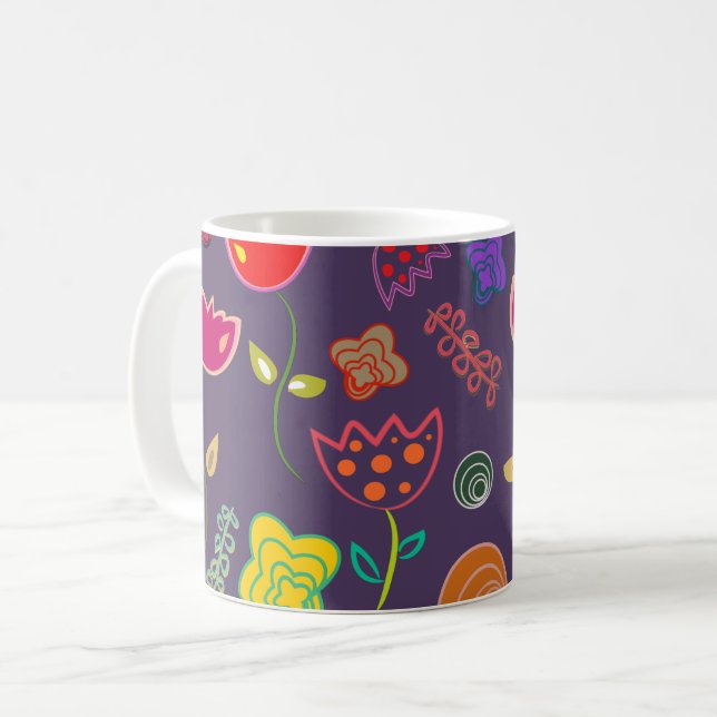 Funky Tulip Pattern Purple Kaffemugg (Framsida vänster)