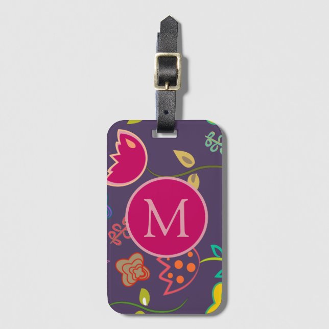 Funky Tulip Pattern Purple Monogram Bagagebricka (Framsida vertikal)