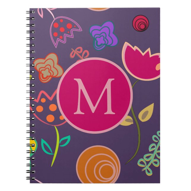 Funky Tulpanmönster Lila Monogram Anteckningsbok (Framsidan)