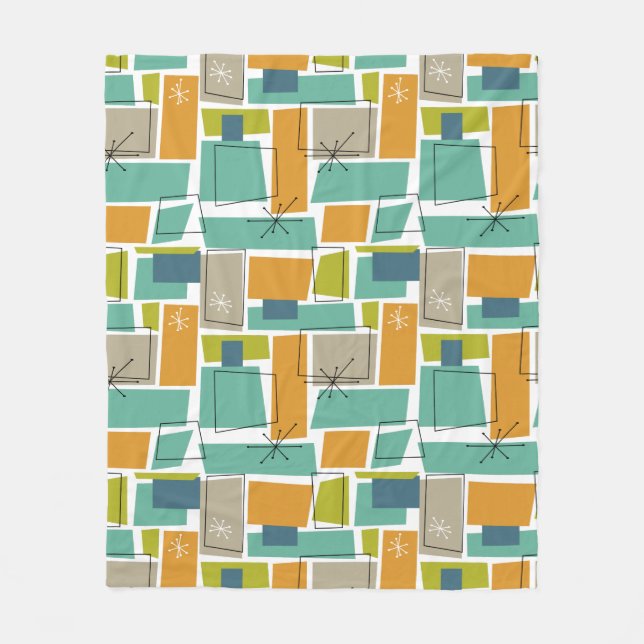 Funky Turcoise Orange Grönt Squares Mid Century Fleecefilt (Framsidan)