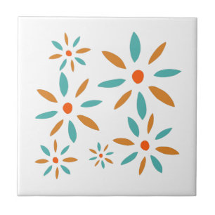 Funky Turkos och Orange Mid Mod Retro Flowers Kakelplatta