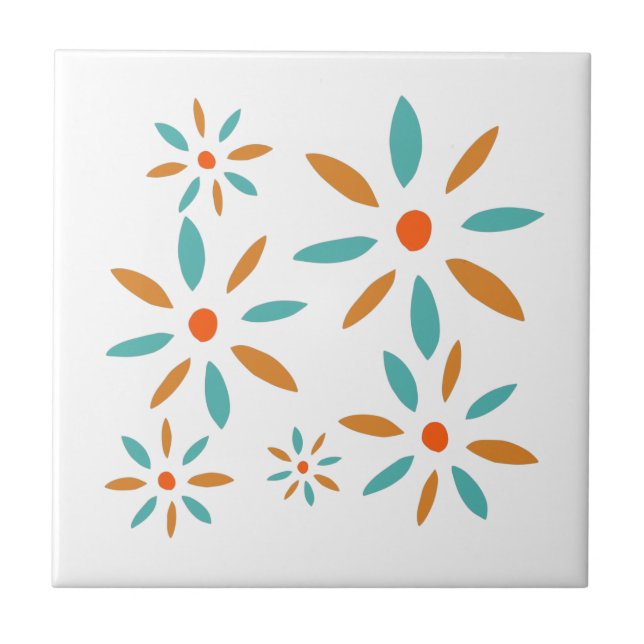 Funky Turkos och Orange Mid Mod Retro Flowers Kakelplatta (Framsidan)
