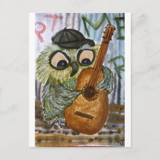 Funky uggla som spelar ut guitar, gammal vattenfär vykort