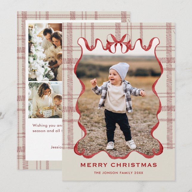 Funky Vintage Christmas Red Bow Coquette5 Photo Julkort (Fram/baksida)