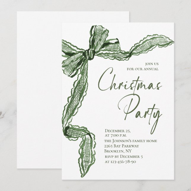 Funky Whimsical Christmas Green Bow Holiday Party Inbjudningar (Fram/baksida)