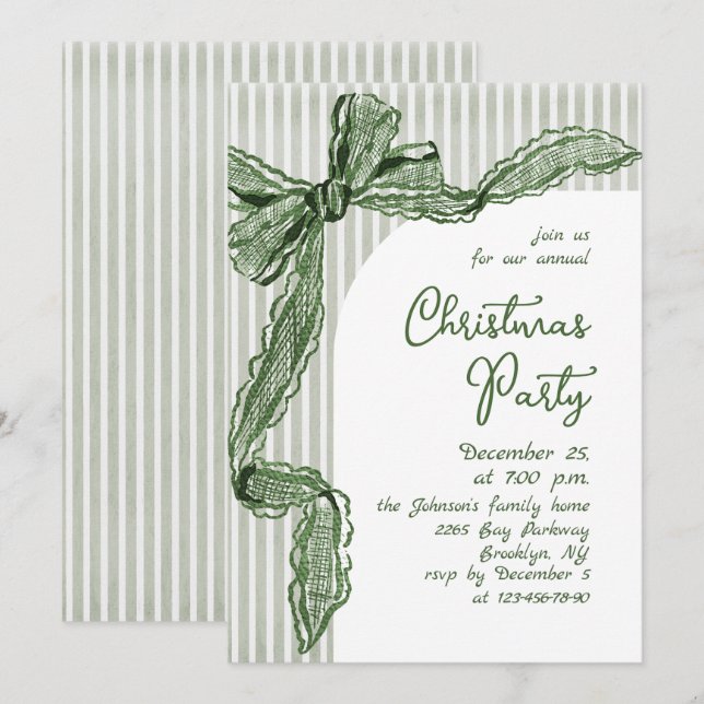 Funky Whimsical Christmas Green Bow Holiday Party Inbjudningar (Fram/baksida)
